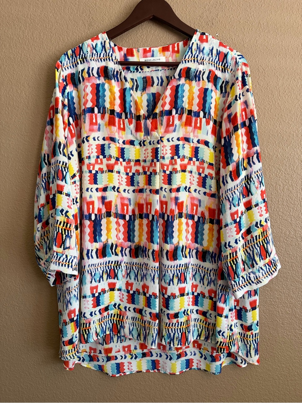 Rose & Olive Multicolor Geometric Print Peasant Blouse Size 2X